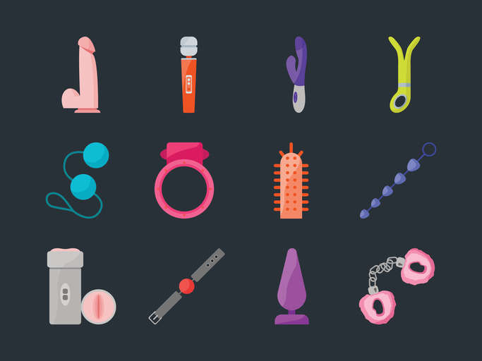 Cartoon Sex Toys Set for Intim Shop Flat Design Style. Bdsm Elements Vector illustration