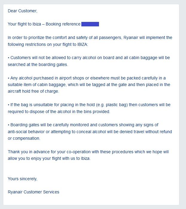 Email sent by Ryanair to customers travelling to Ibiza